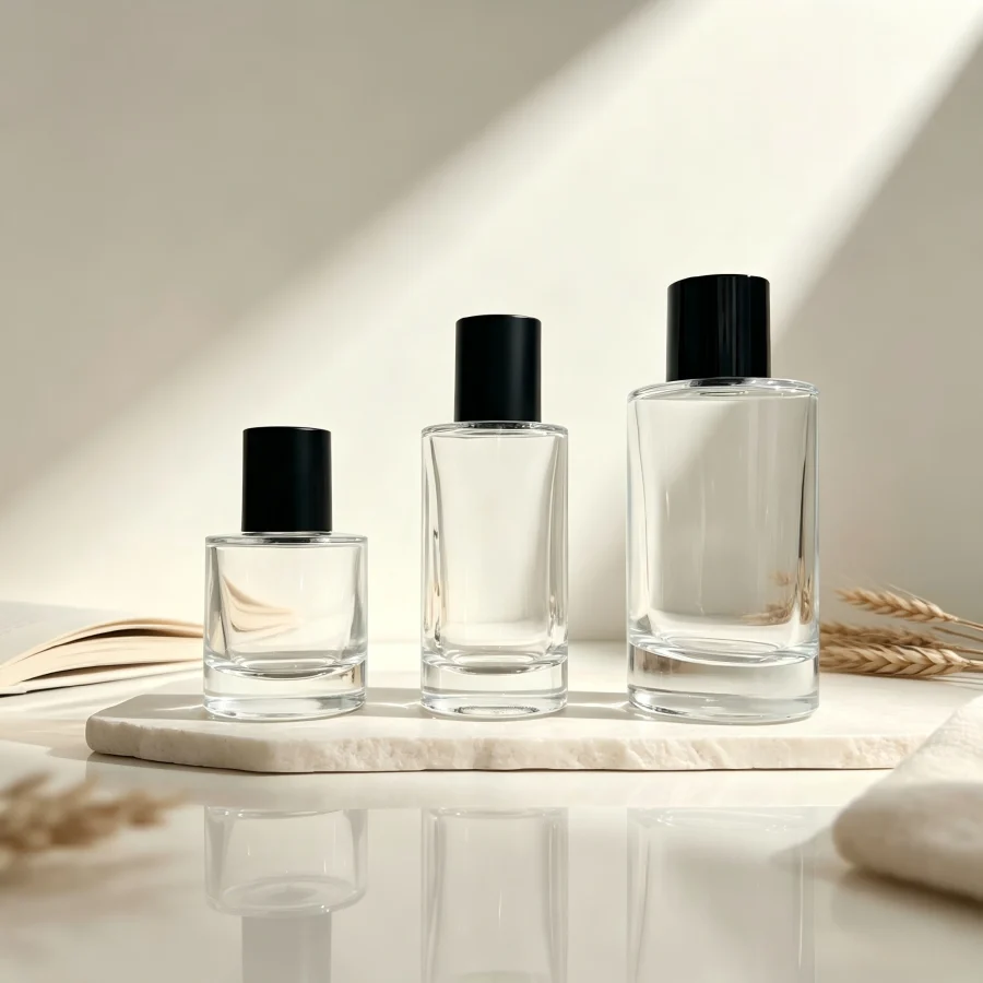 Round Empty Glass Perfume Bottle with Black Wooden Caps